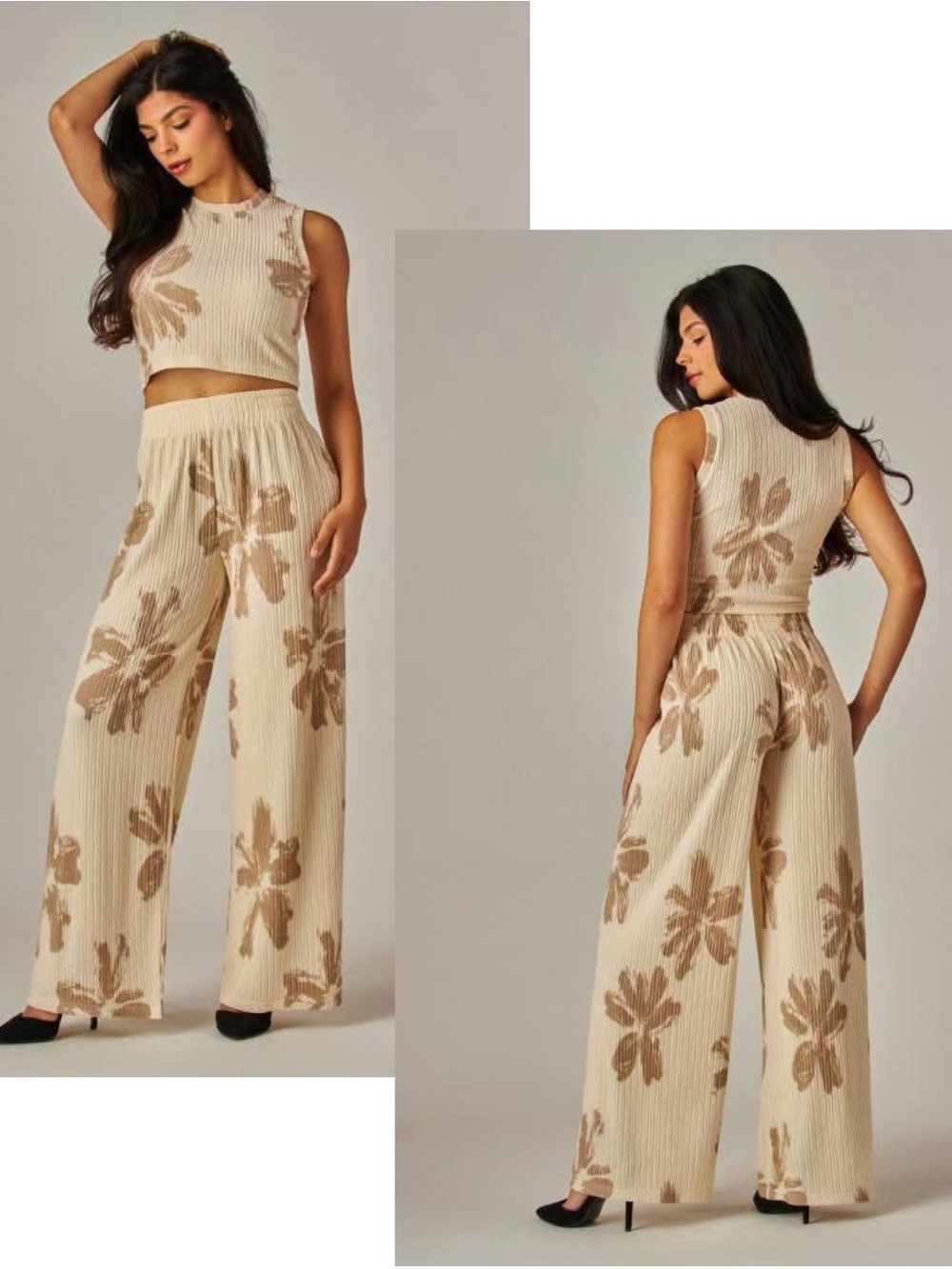 Love Poem floral texture resort trousers dress pants cream taupe brown M NWOT